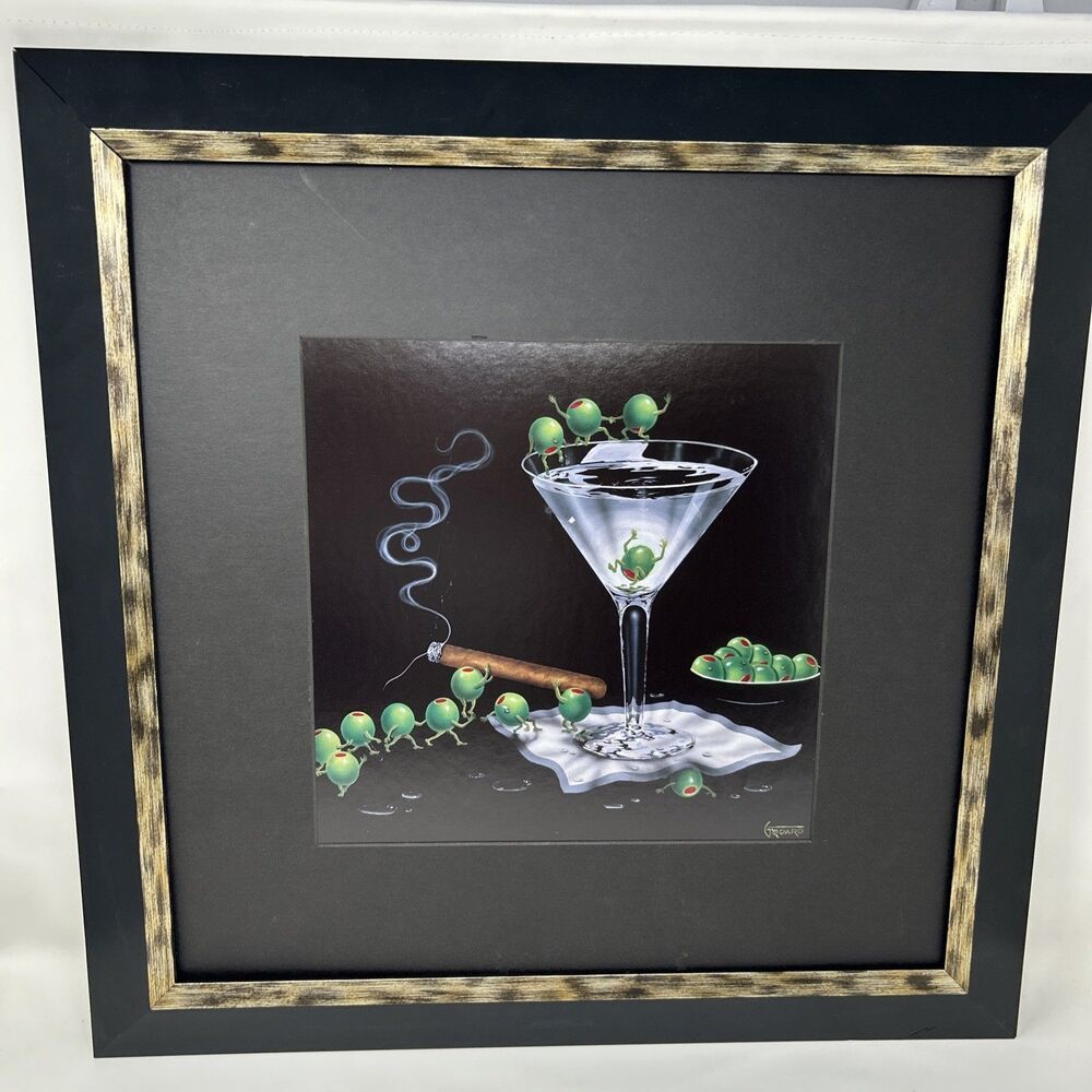 Michael Godard Pop Art Print Martini Olives Cigar Matted & Framed Portrait
